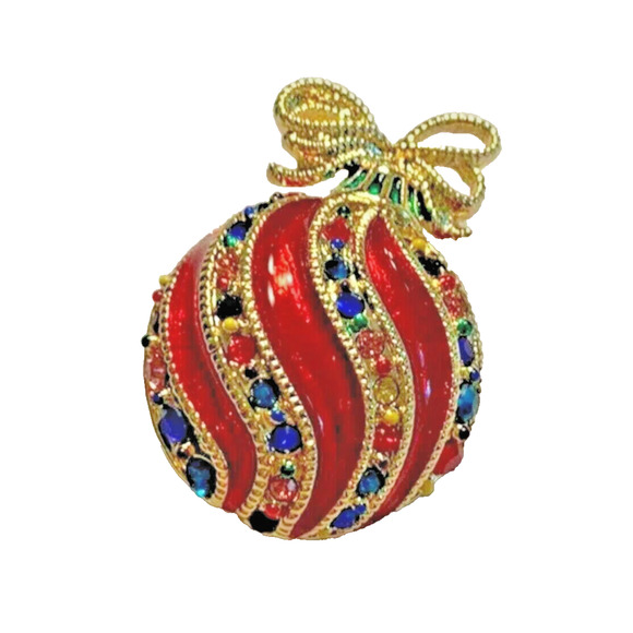 Christmas Ornament Brooch Festive Gold Holiday Pin Red Enamel Rhinestone Pendant - Picture 4 of 8